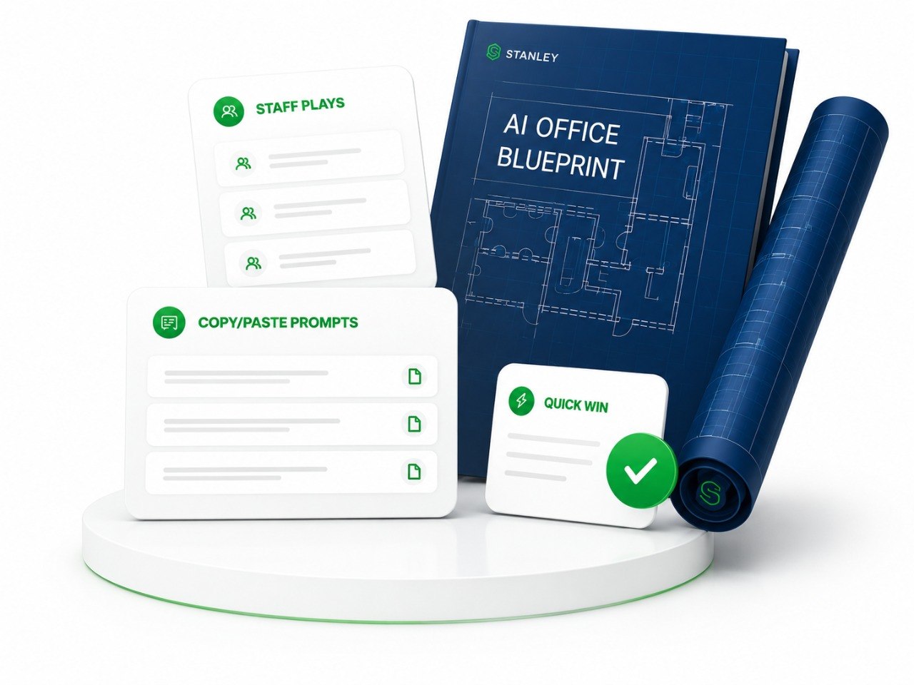 AI Office Blueprint package with staff plays, copy/paste prompts, and a quick-win checklist.